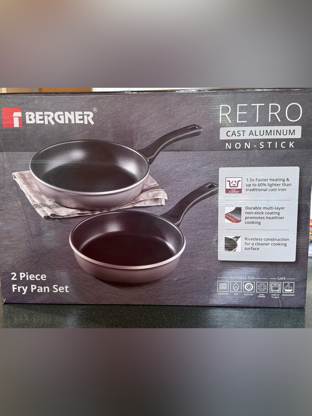 Bergner Retro Gray Nonstick Cast Aluminum 2-Piece Fry Pan Set 10” & 12” New
